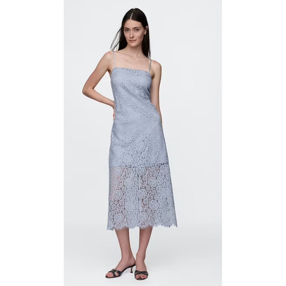 GAP Lace Maxi Dress Womens M Blue Floral Square Neck Adjustable Strap Romantic